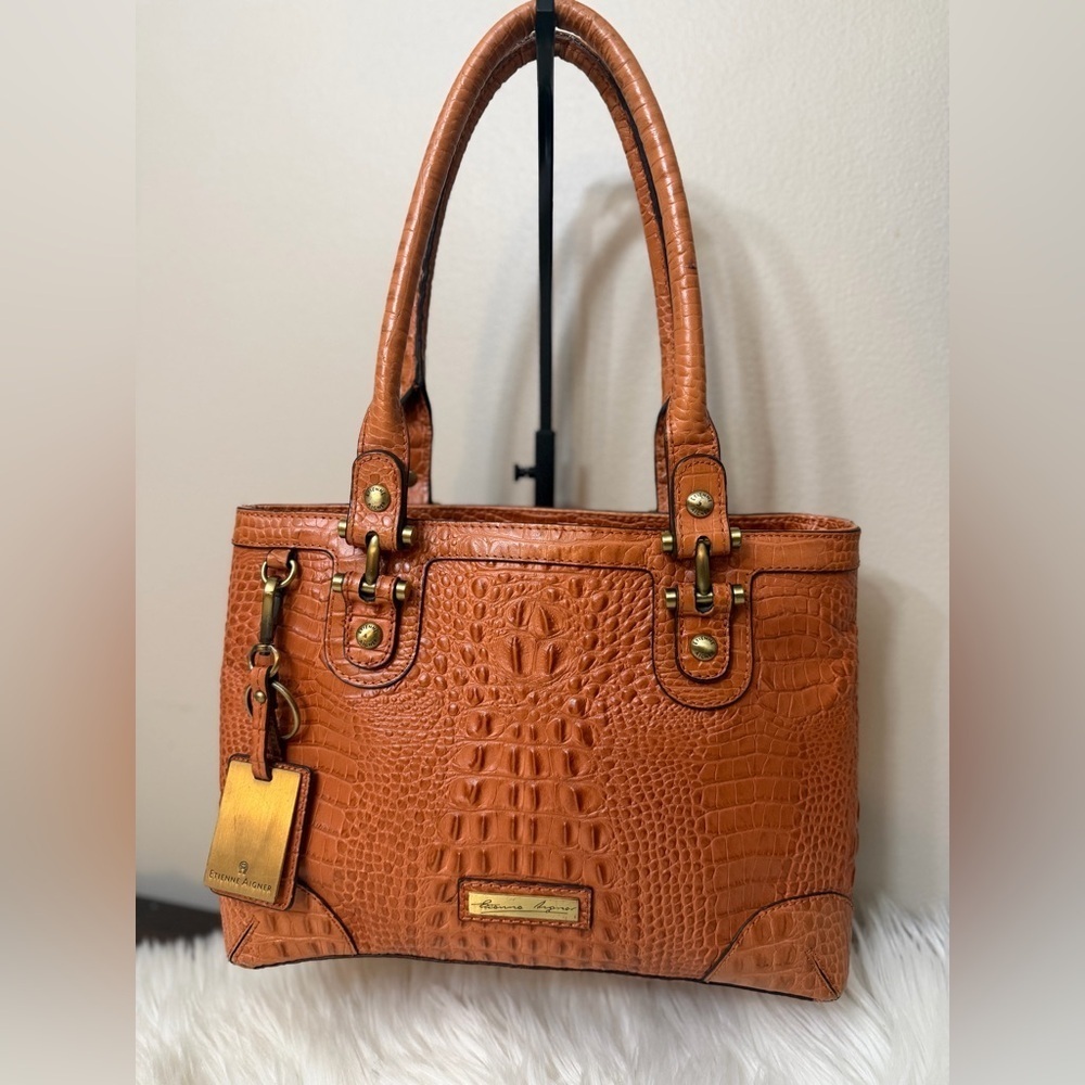 💥⭐️ VINTAGE ETIENNE AIGNER 🔥Quality Leather Brown Crocodile Satchel 🔥